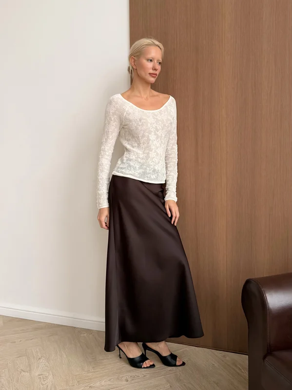 Юбка из плотного армани-шёлка в шоколадном оттенке — ROOMARÉ